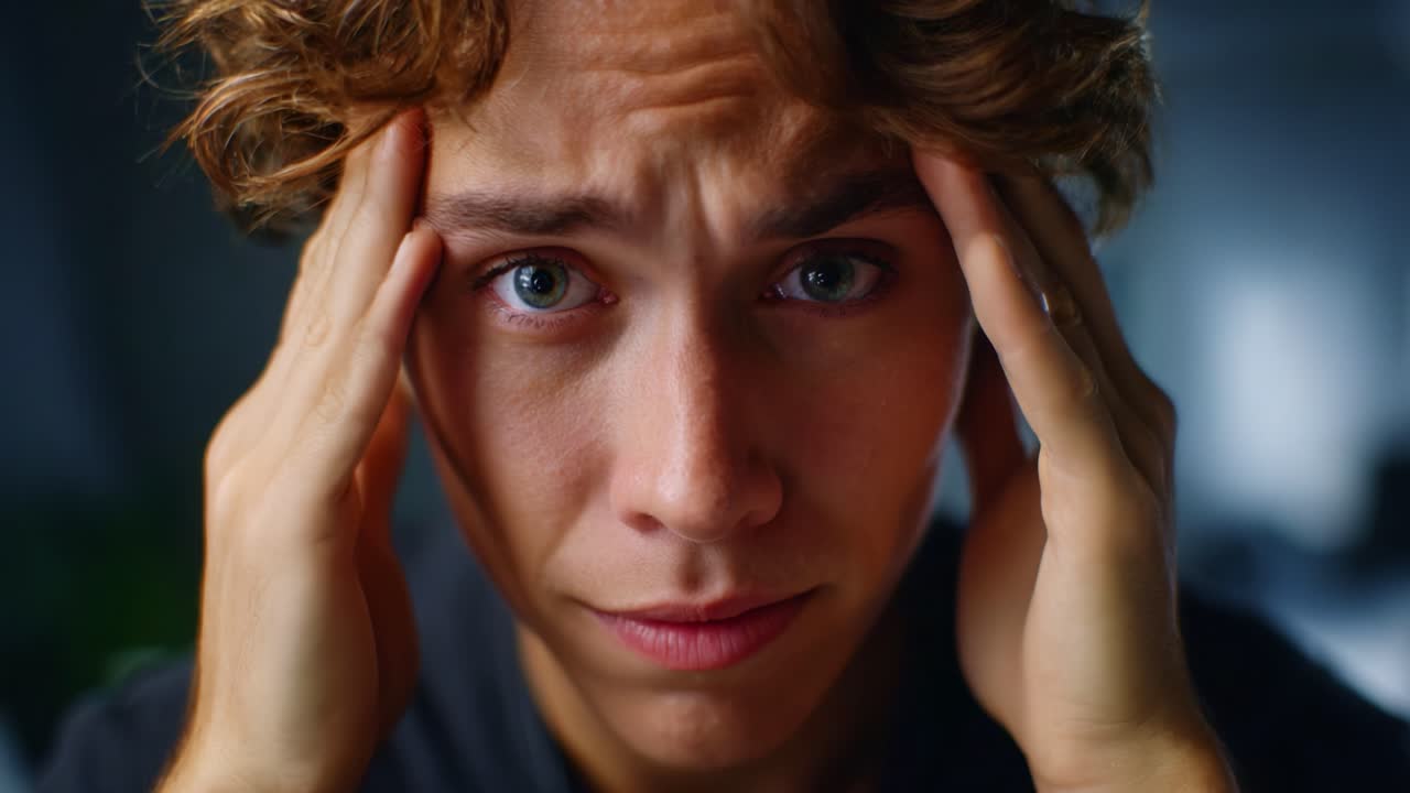A Close-Up on a Young Man's Face Showing Distress and Anxiety as He Holds His Head in a Reflective State, Conveying Feelings of Overwhelm or Stress