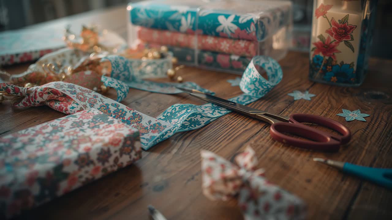 Camera initiating rightward panning over wooden tabletop, revealing scissors, ribbon, gift boxes