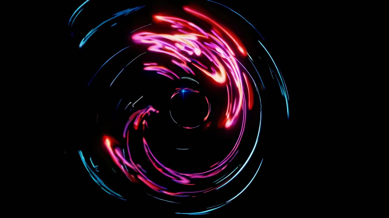 Dynamic swirl of neon blue and red light trails in a spiral pattern, captured from a top-down angle