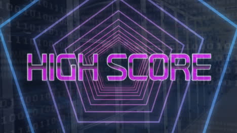 animation of high score text on hexagon tunnel over binary codes against black background