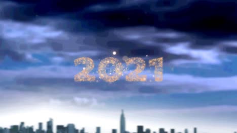 golden 2021 text over fireworks exploding against clouds in the sky