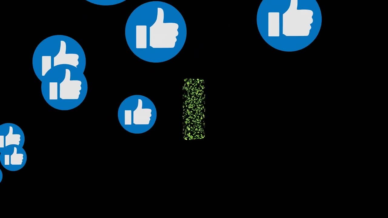 Animazione di icone 'mi piace' su un computer luminoso su sfondo nero.