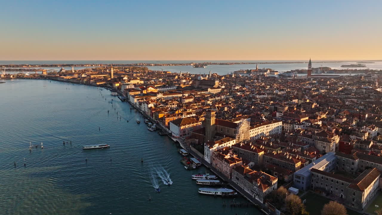 Aerial drone view of the buildings in Venice City, Italy