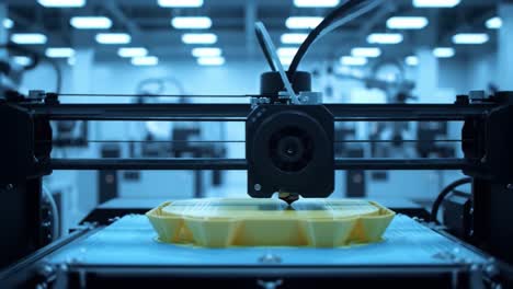 an advanced 3d printer in action creating an intricate object in a modern tech workshop environment with high-tech equipment and illuminated background