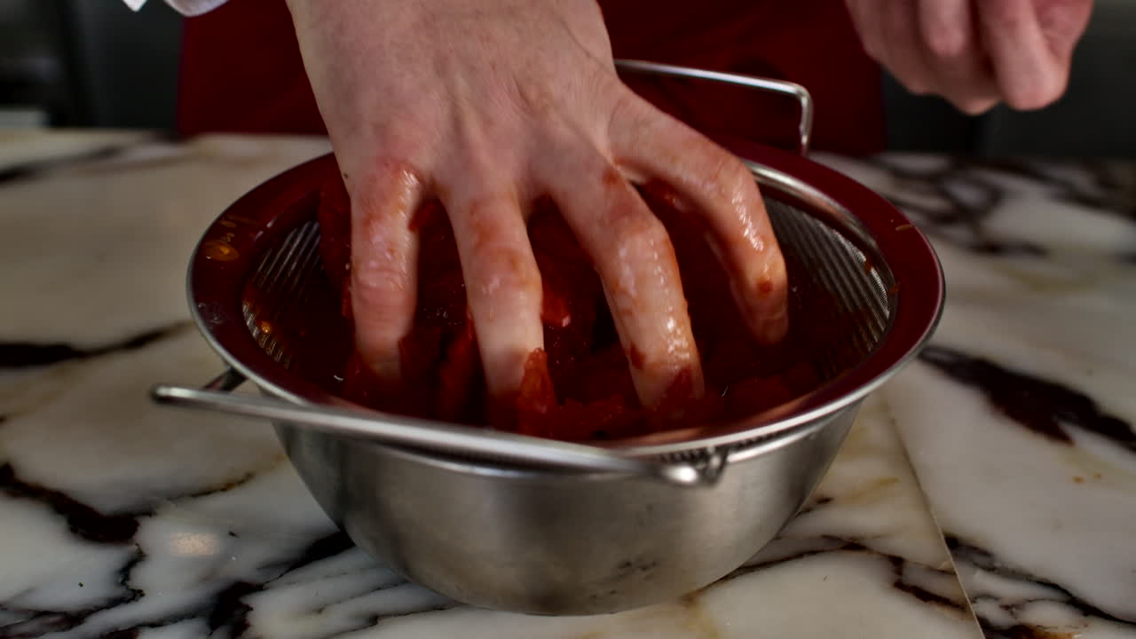 Close-up shot of a chef's hands crushing whole peeled tomatoes in a stainless steel bowl for a sauce recipe. Professional culinary technique in a generic kitchen setting