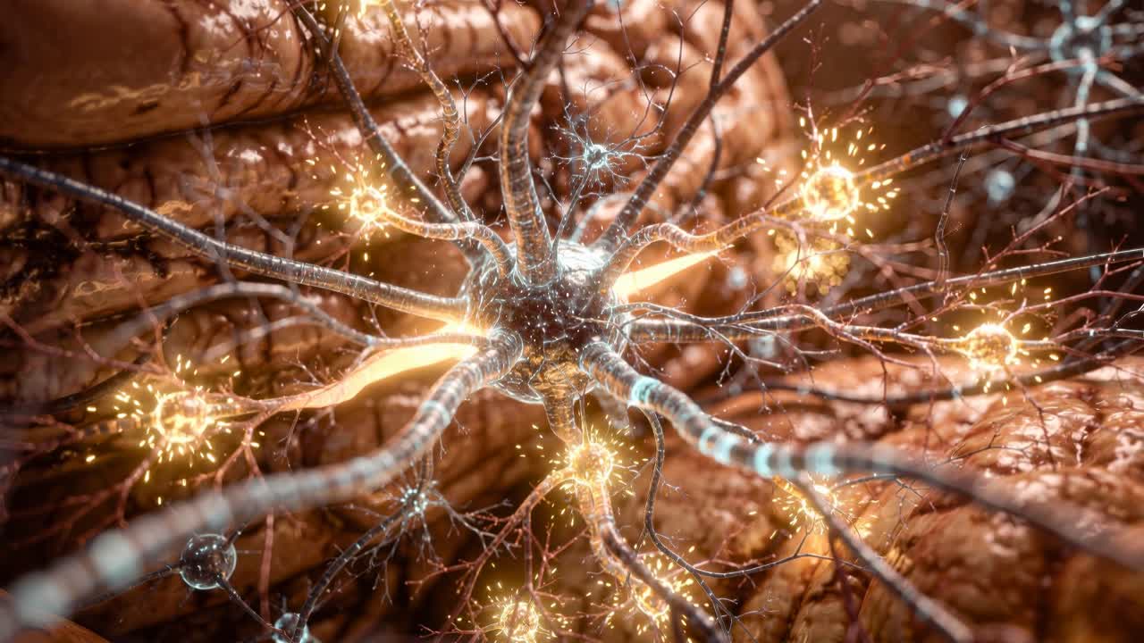 Abstract macro view of a luminous neuron cell with branching axons and sparkling synaptic activity on a warm organic background
