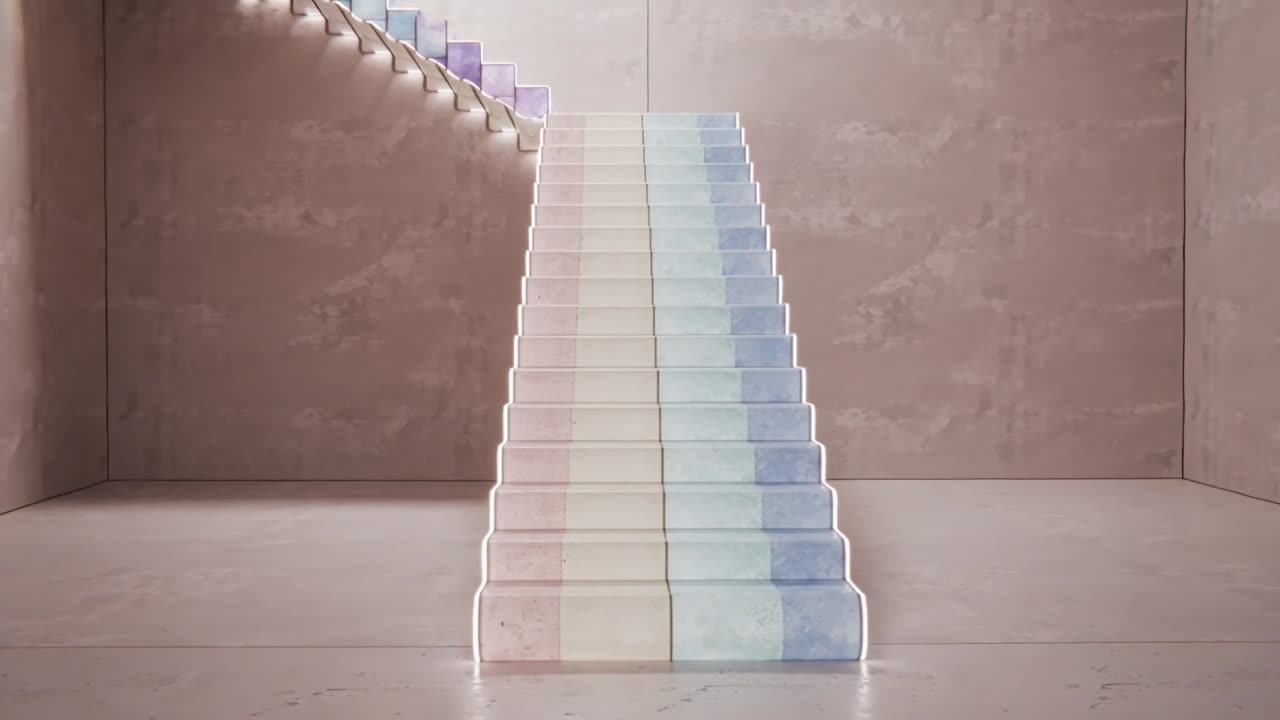 Animazione iniziale di una scala pastello che si muove da sinistra verso il centro in una stanza quadrata, formando due rampe illuminate a LED.