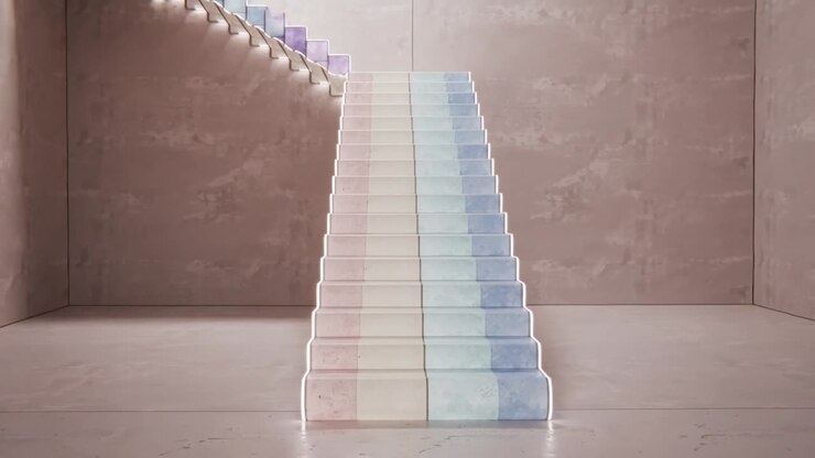 Animazione iniziale di una scala pastello che si muove da sinistra verso il centro in una stanza quadrata, formando due rampe illuminate a LED.