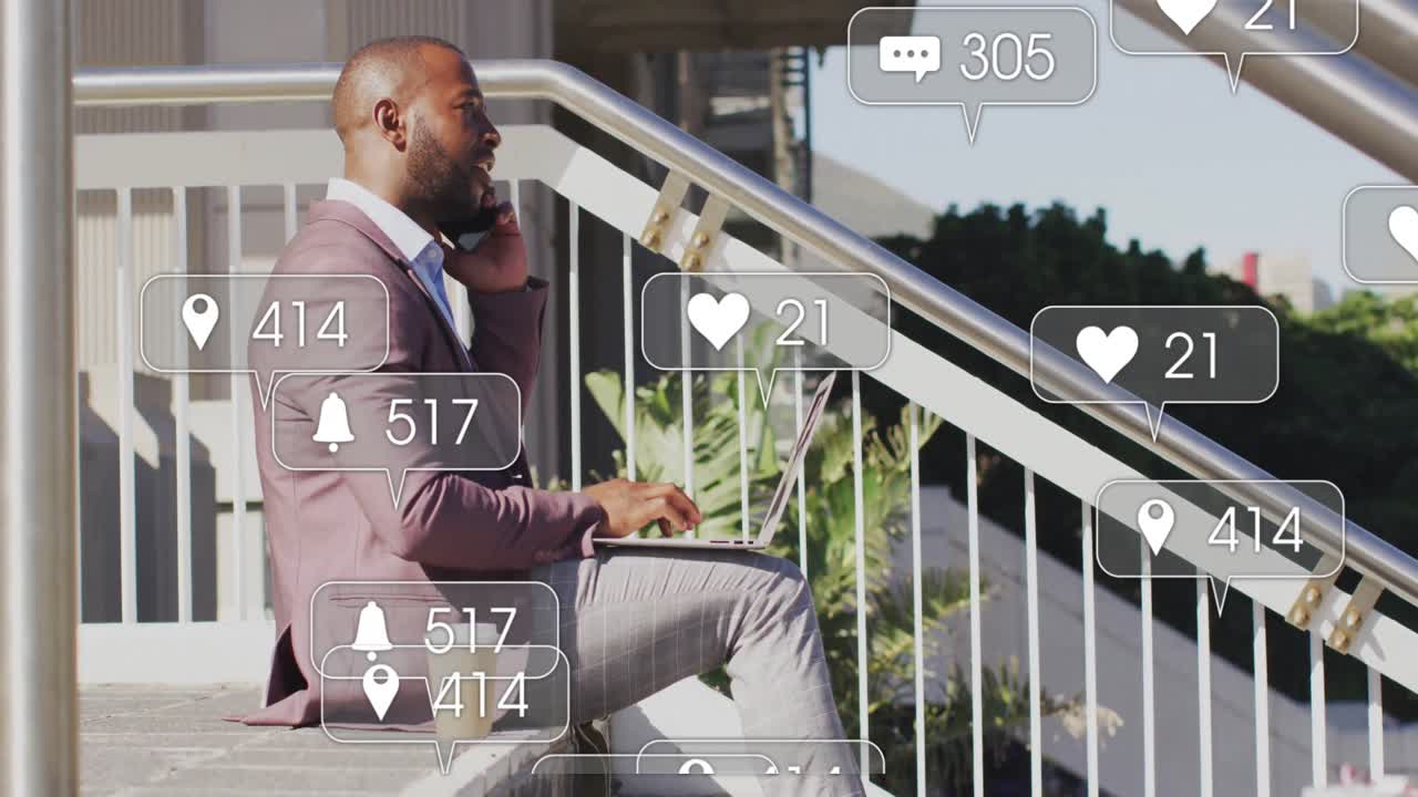 Professional dialing smartphone causing animated social metrics rising then falling into icons