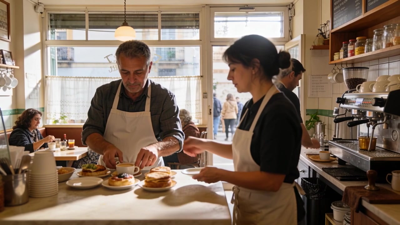 Order arriving, cook and server in aprons arranging pancakes, fetching cup at counter, espresso
