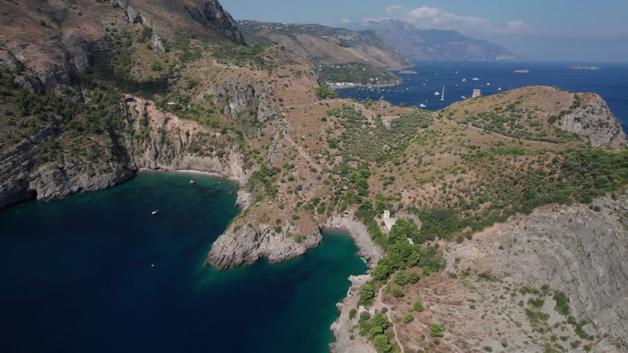 Aerial panoramic view of the jagged coastline of Salerno gulf. South of Italy