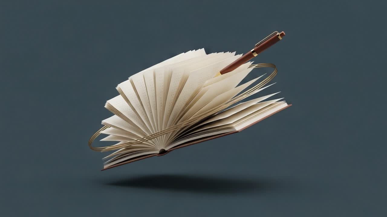 An Enchanting Display of Creativity: A Floating Book with Pages in Motion, Accompanied by a Pen, Capturing the Essence of Imagination and Writing Skills