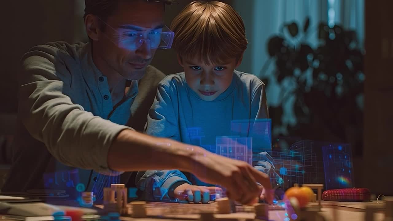 Father and son enjoy interactive gaming experience at home in the evening