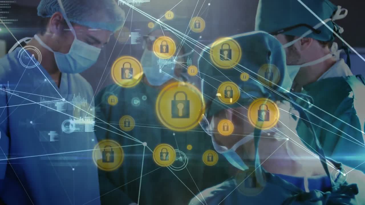 red de iconos de candados de seguridad contra un grupo de diversos cirujanos que realizan operaciones en el hospital