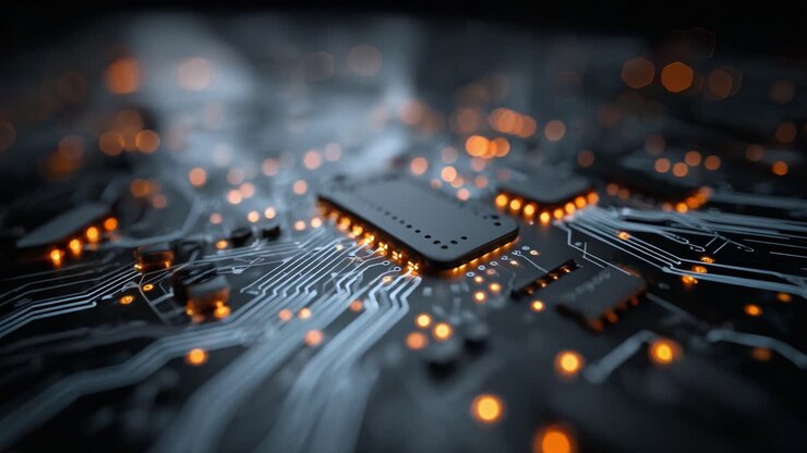 Circuito stampato illuminato in primo piano: una straordinaria visualizzazione della tecnologia e della connettività con bagliori elettrici che rappresentano il flusso di dati e i componenti elettronici