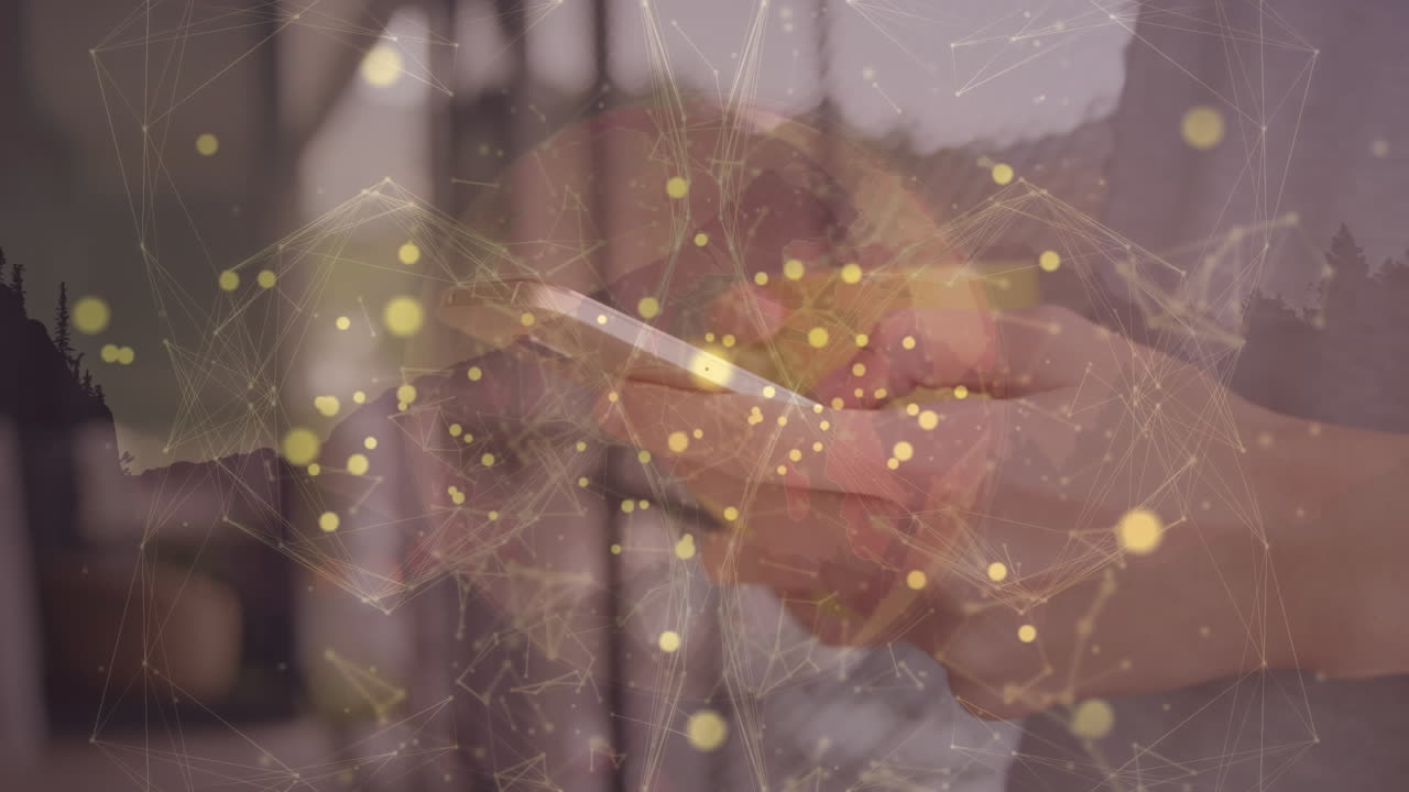 스마트폰을 사용하는 여성의 중간 섹션에 대한 연결 네트워크의 세계