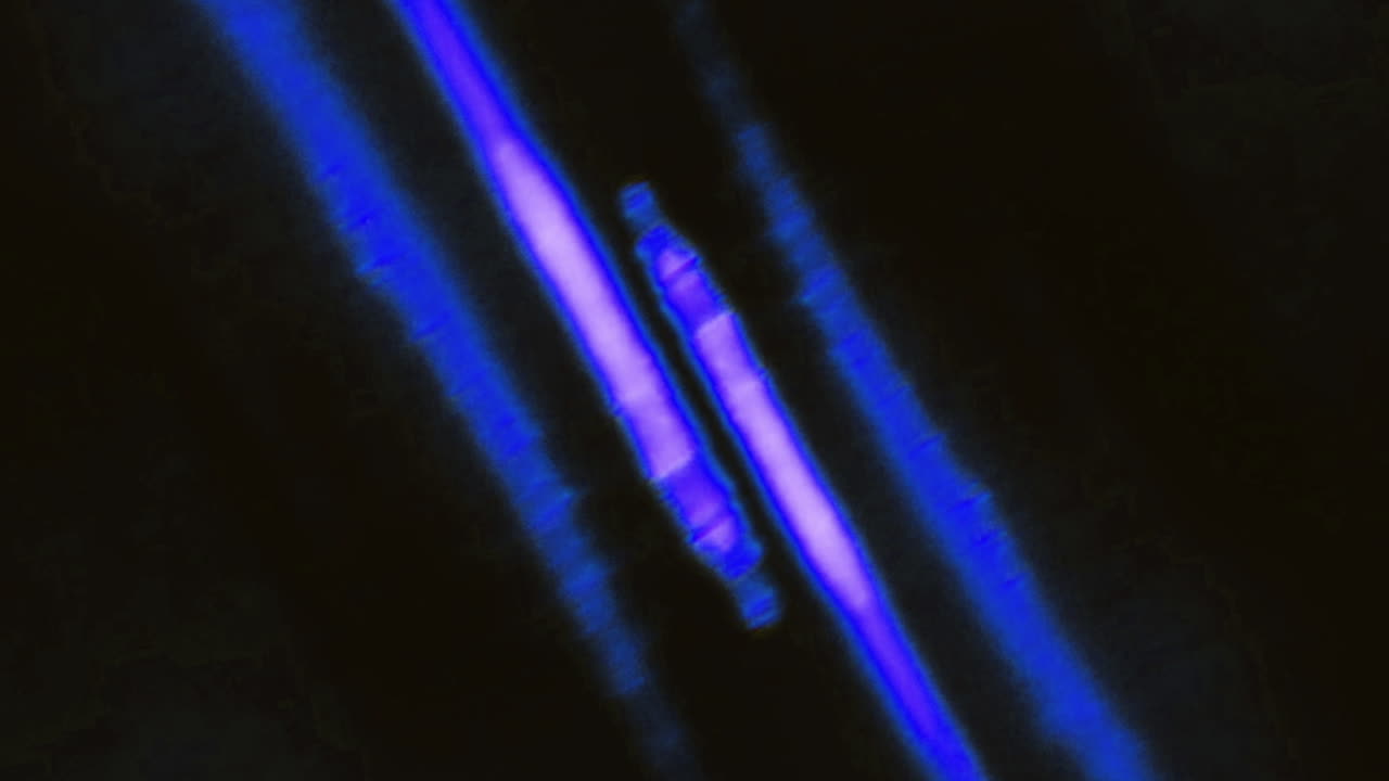 Abstraktní modré a fialové světelné pruhy s glitch efektem