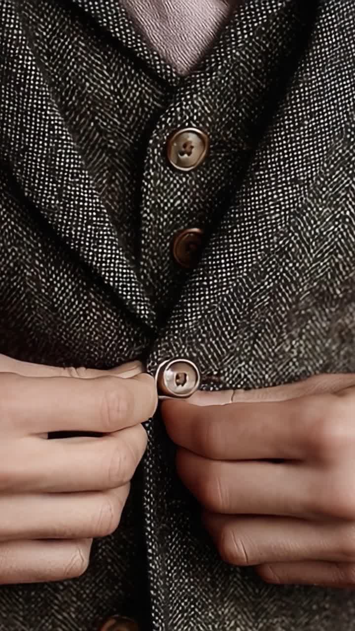 Uno sguardo ravvicinato all'elegante dettaglio di una giacca di tweed abbottonata, che mostra l'artigianalità e le scelte di tessuto alla moda della sartoria moderna.