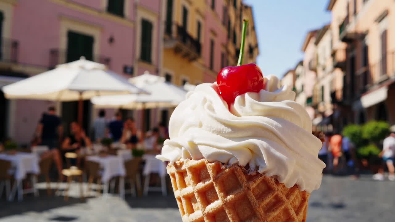 Creamy italian ice cream served in a crispy waffle cone, topped with a fresh cherry, with a blurred background of a charming italian square with outdoor cafe and people enjoying summer day
