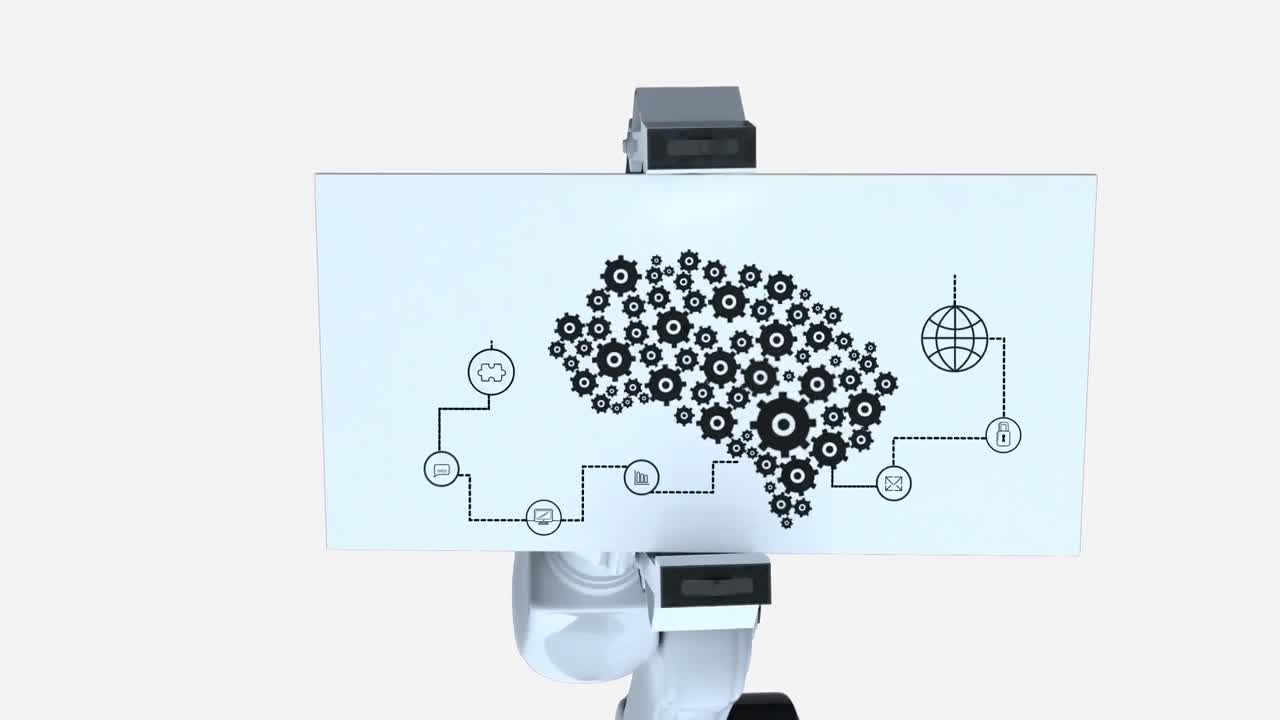 Digitally generated video of robotic arm holding card with diagram of machine