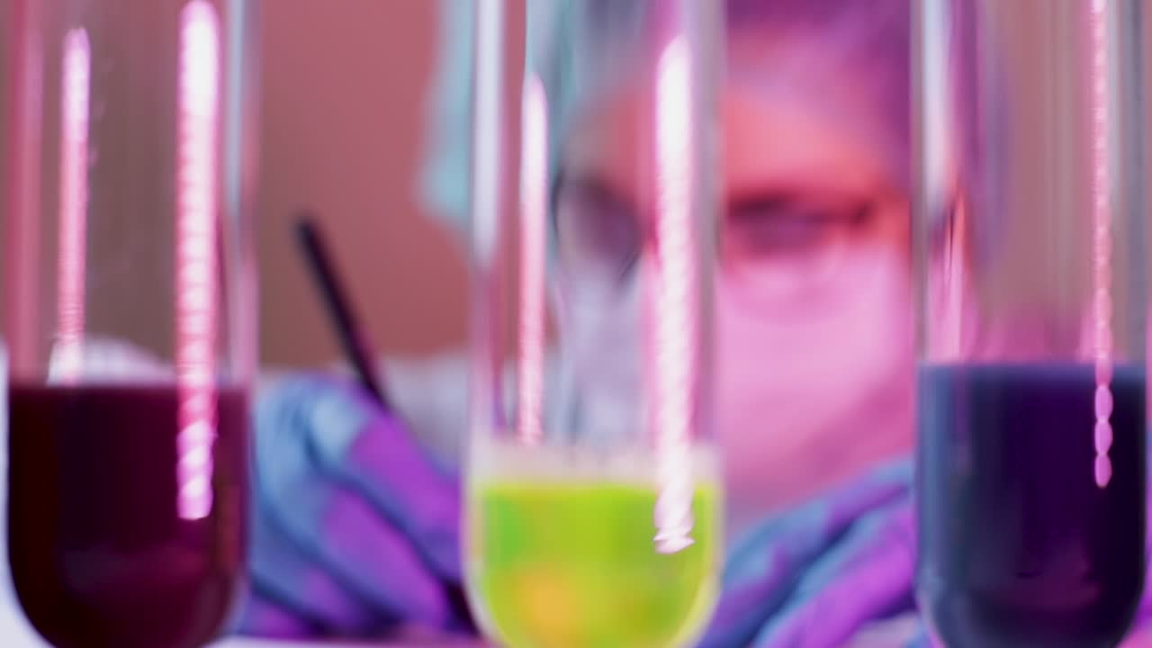 Scientist making experimental reaction on laboratory with colorful glass tubes containing colorful solutions for Coronavirus analysis
