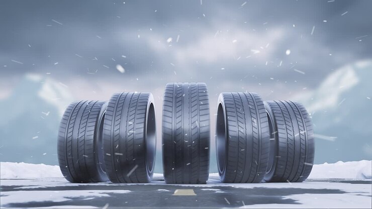 Loops car tires roll on a snowy road under the falling snow
