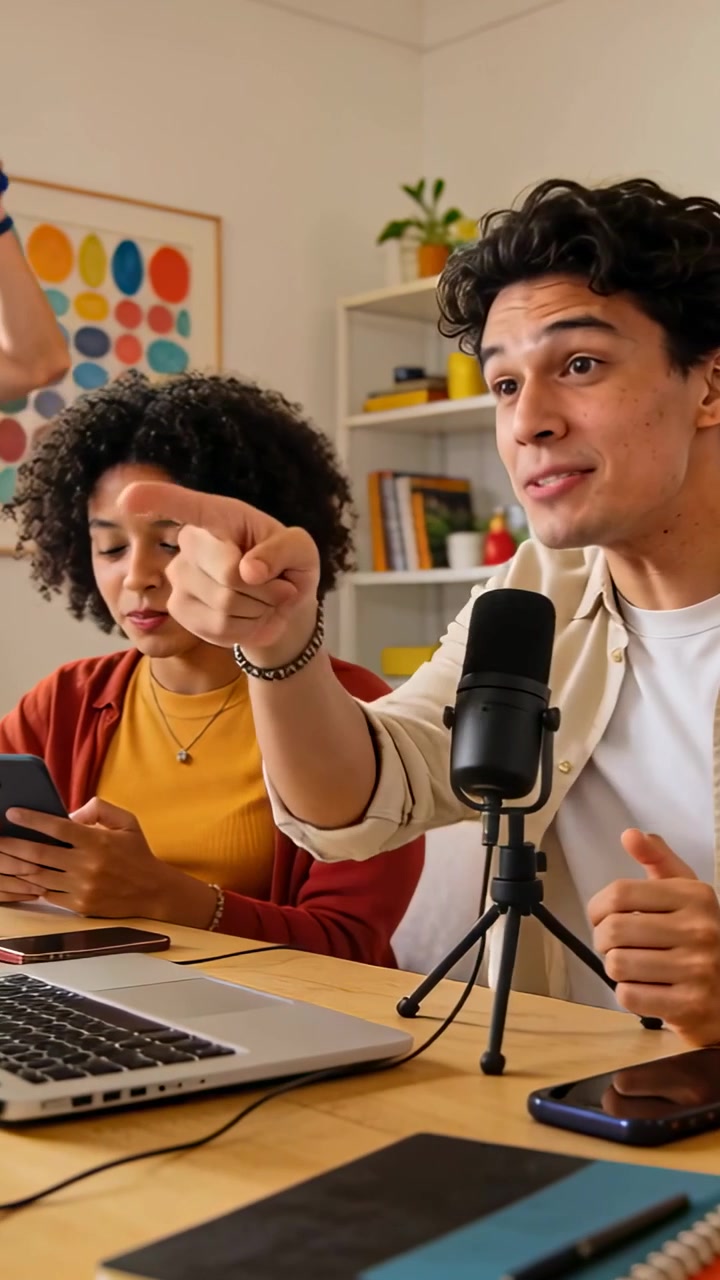 Video vertical: Dúo grabando usando micrófono en el set, mujer usando el teléfono y hombre levantando pesas atrayendo la atención.