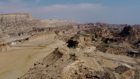 Aerial-drone-shot-on-desert-rock-formation-wind-erosion-abrasion-landform-dry-seaside-beach-coastal-climate-in-iran-tropical-gulf-island-arabian-culture-lifestyle-persian-gulf-and-hospitality-Qatar