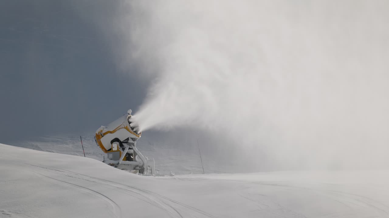 Still cinematic shot of powerful snow maker producing fresh powder
