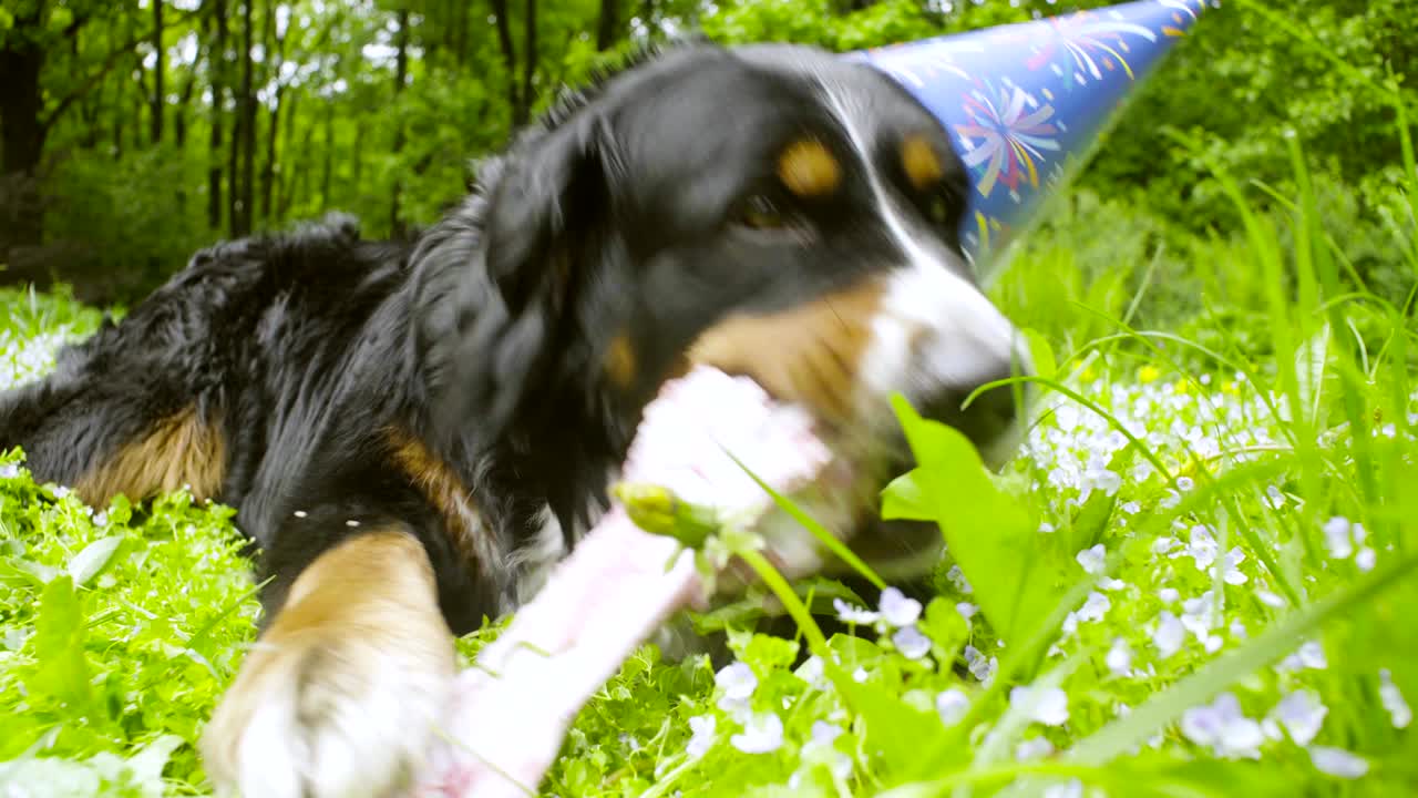 un perro con una gorra festiva comiendo un hueso