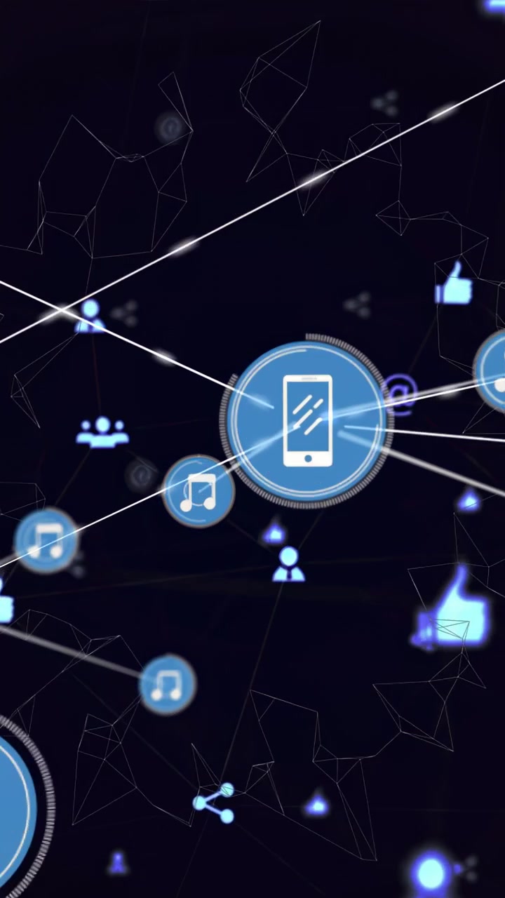 Wideo pionowe: Centralny węzeł telefoniczny pulsuje, wysyłając długie wiązki, gdy ikony łączą się, tworząc rosnącą sieć