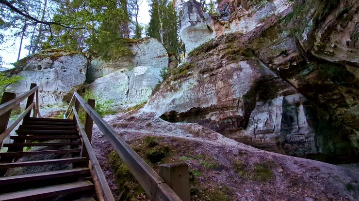 The Wooden Boardwalk And Steps At Sietiņiezis Natural Trail In Vaidava Parish, Valmiera Municipality, Latvia. Low Angle, Sideways Shot
