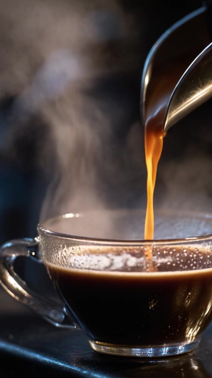 Aromatisk bryg: Fanger essensen af frisk hældt mørk kaffe med damp, der stiger op fra en gennemsigtig kop i en hyggelig, indbydende atmosfære.