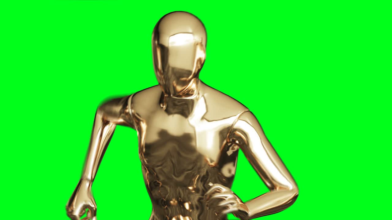 Golden man character animation. Isolate on green screen.