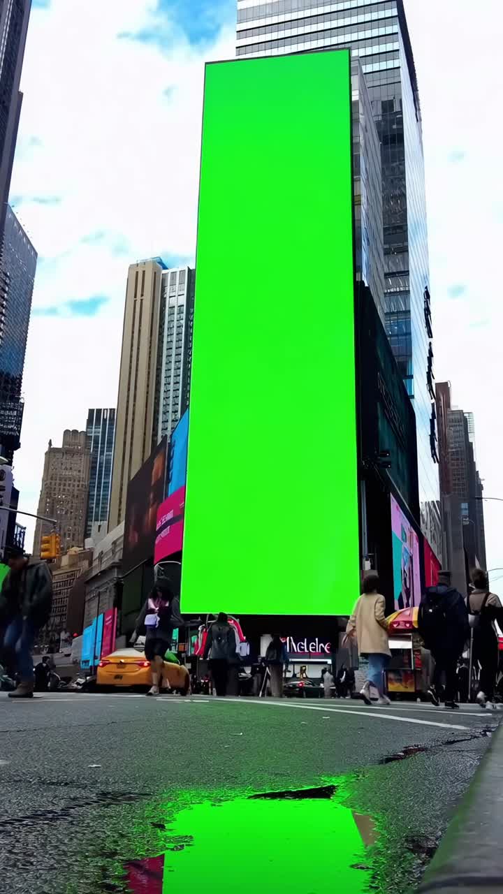 Video grabado a nivel de calle de un paisaje urbano con una imponente valla publicitaria de pantalla verde, una escena urbana vibrante.