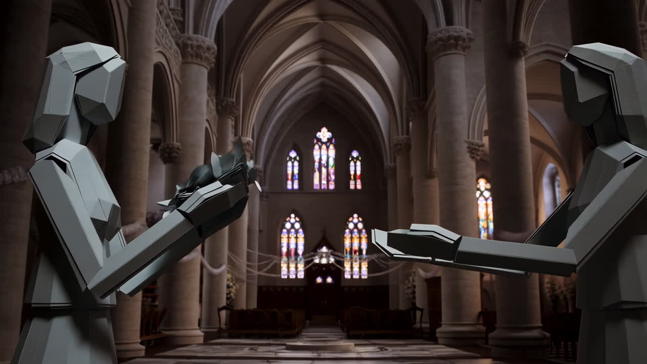 Church Interior with Geometric Statues
