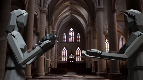 church interior with geometric statues