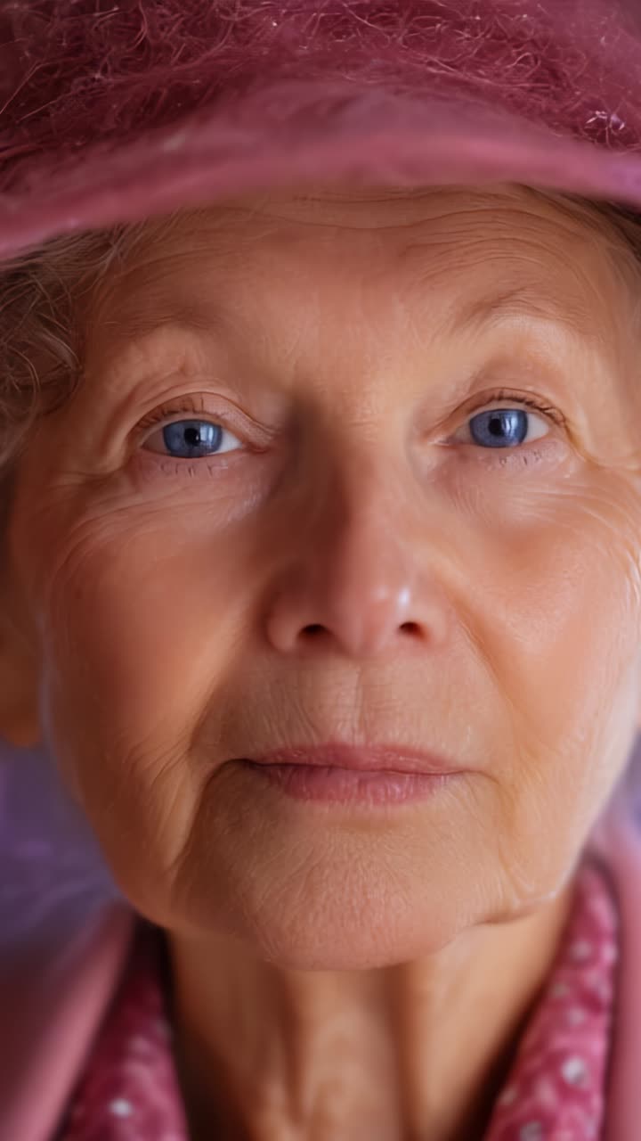A thoughtful elderly woman wearing a pink hat, gazing directly at the camera with captivating blue eyes, showcasing wisdom, experience, and deep emotions