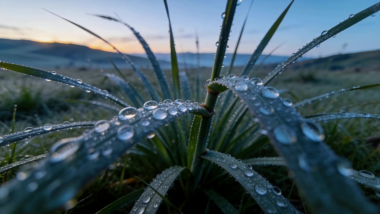 Câmera recuando capturando planta em roseta na grama em prado orvalhado ao amanhecer, destacando gotas de orvalho