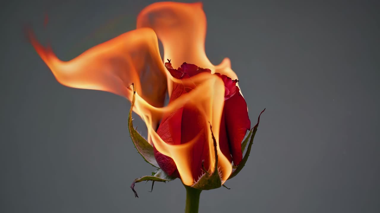 Close-up video of a burning rose, capturing the dramatic contrast of fire and delicate petals, shot