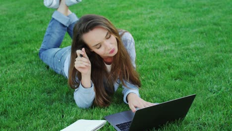 mujer joven usando una computadora portátil para trabajo independiente en el parque