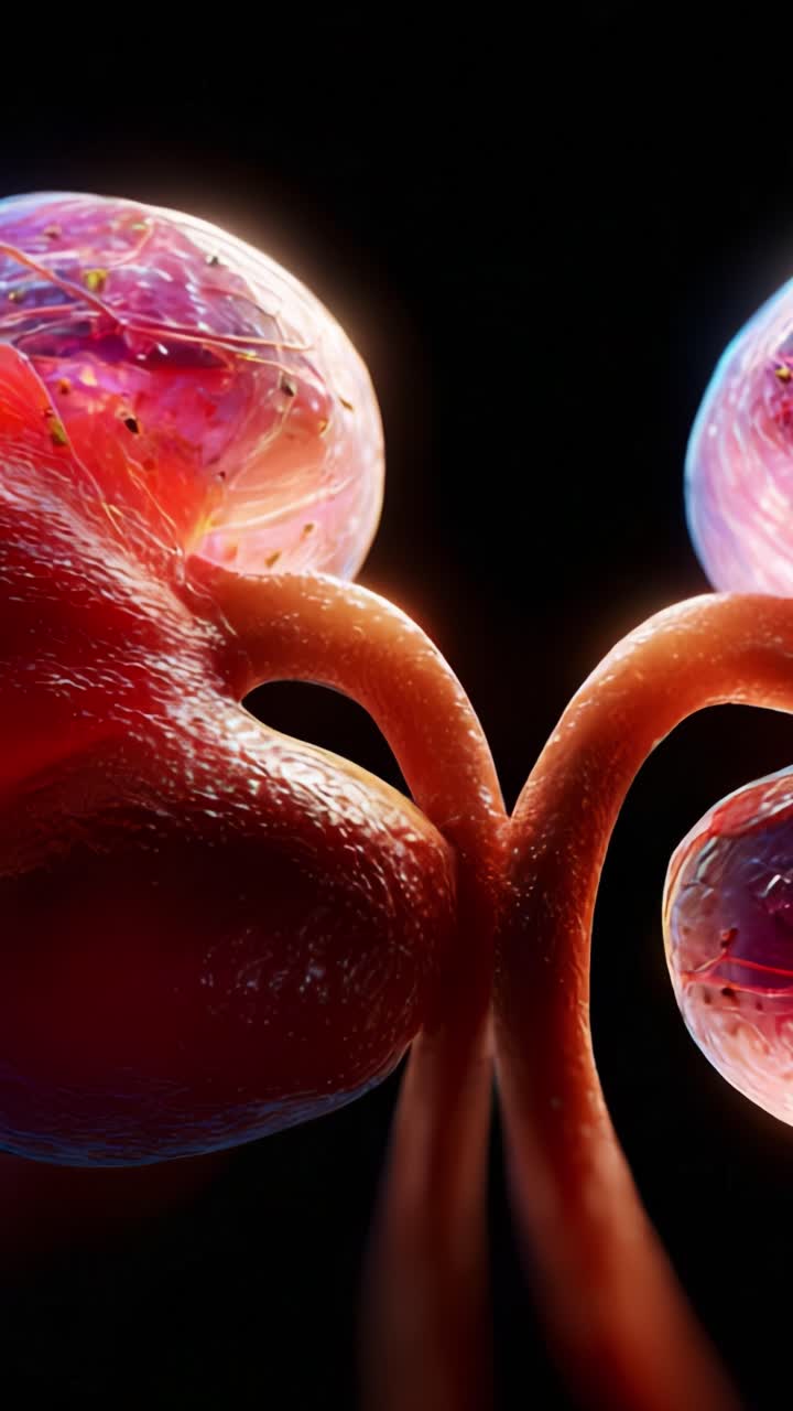 Una visualizzazione dettagliata dei reni umani che mostra strutture complesse e processi biologici dinamici in colori straordinari e vivaci su sfondo scuro