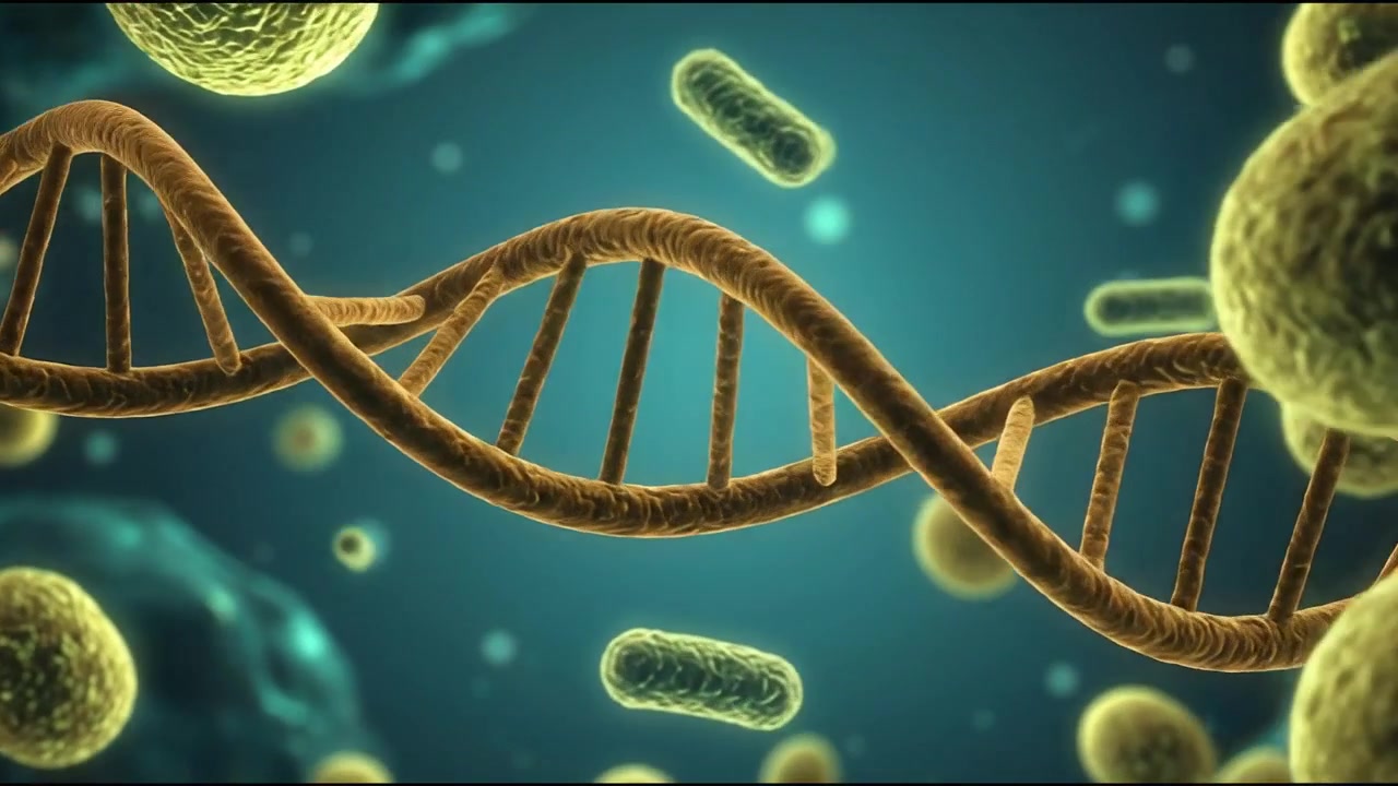 Animazione 3D di un filamento di DNA circondato da batteri e microrganismi