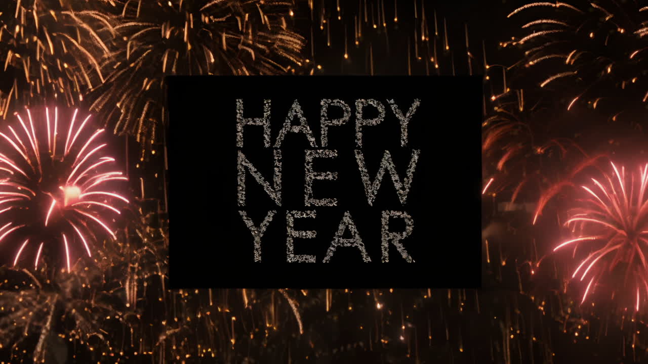 Cinemagraph of happy new year text in silver glitter on black over exploding fireworks in night sky