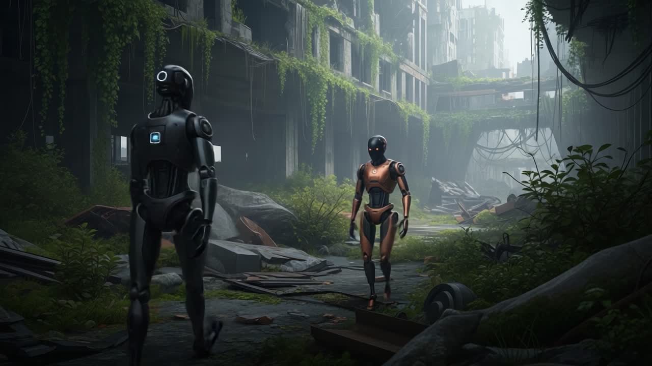 In a post-apocalyptic world overtaken by nature, two robots navigate through a lush, overgrown urban landscape, showcasing the interaction of technology and the environment in a hauntingly serene setting.
