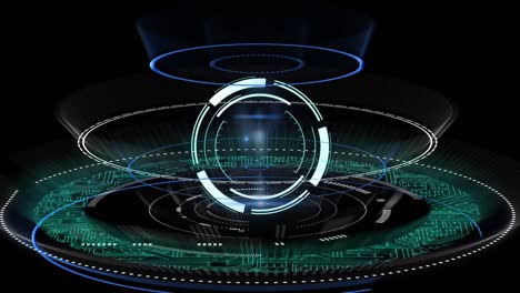 digital animation of multiple neon round scanners against black background