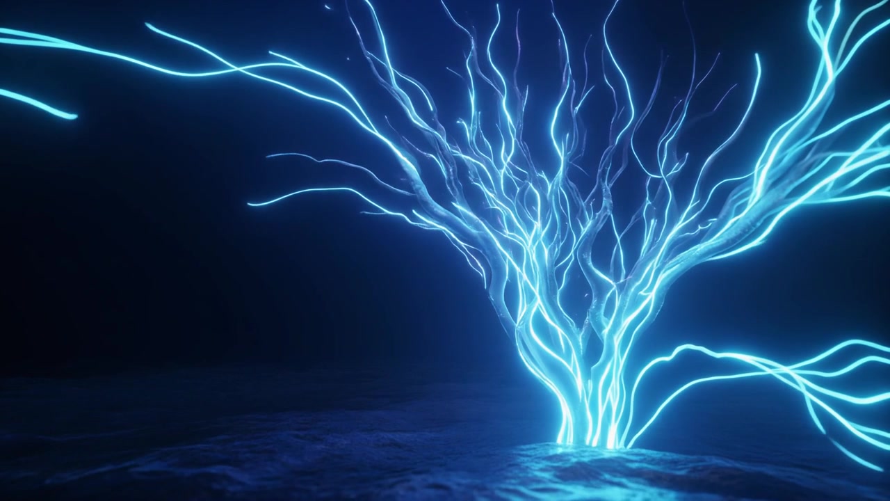 Glowing Blue Electric Tree Form Growing in Dark Abstract Space