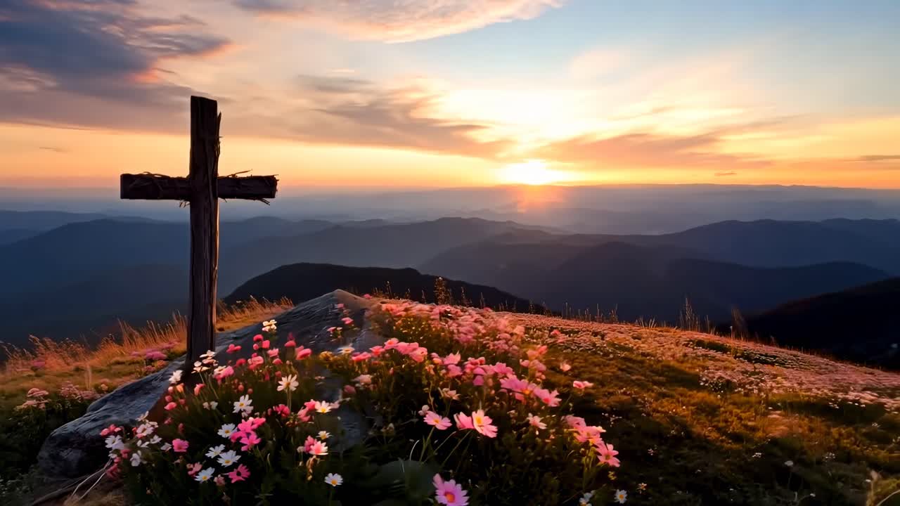 A serene landscape video captures a cross on a hilltop at sunset, with a wide-angle view of blooming