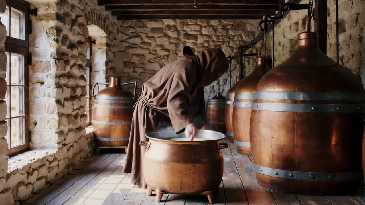 Monk Distilling in a Historical Laboratory