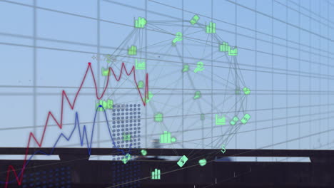 Animation-Eines-Globus-Mit-Verbindungen-Und-Datenverarbeitung-über-Ein-Gitter